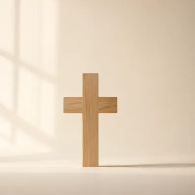 Minimalist Wooden Cross on Warm Ivory Background