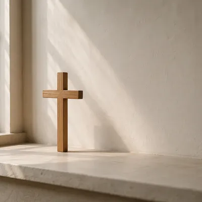 Minimal Wooden Cross on Warm Plaster Background