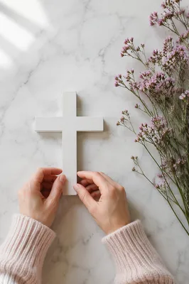 Minimalist White Cross with Magenta Wildflowers