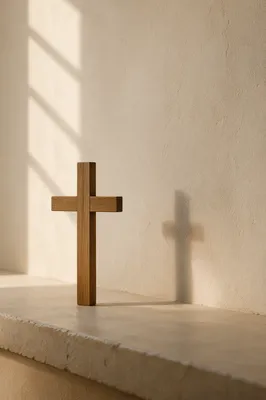 Minimal Wooden Cross on Warm Plaster Background