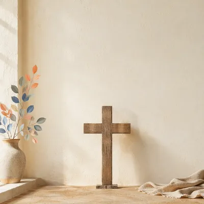 Simple Wooden Cross on Warm Wall