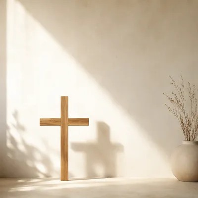 Minimal Wooden Cross on Pale Wall