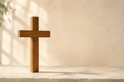 Simple Wooden Cross on Cream Background