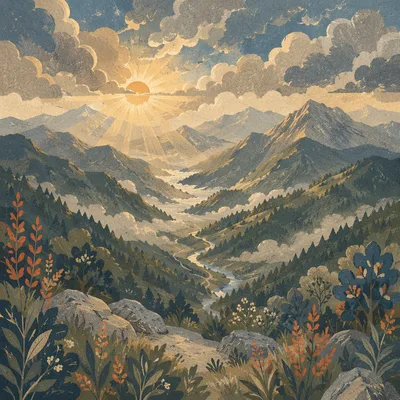 Misty Mountain Valley Dawn Light Rays