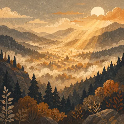 Misty Mountain Valley Dawn Light Rays