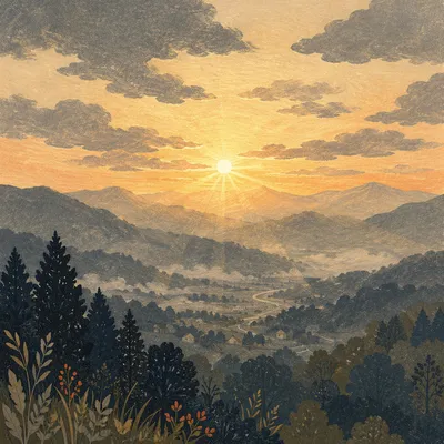 Misty Mountain Valley Dawn Light Rays