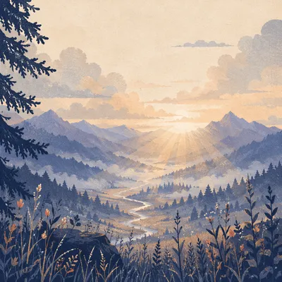 Misty Mountain Valley Dawn Light Rays