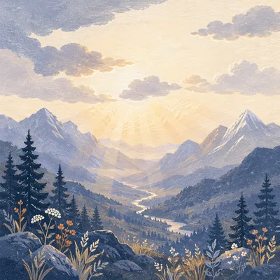Misty Mountain Valley at Dawn Rays