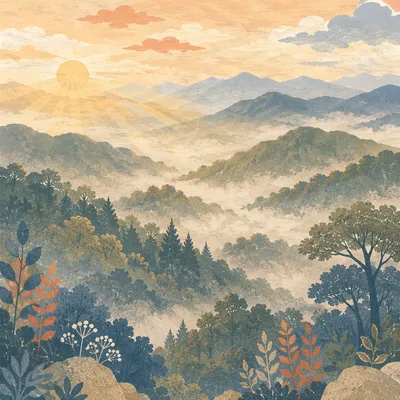 Misty Mountain Valley at Dawn Rays