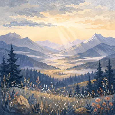 Misty Mountain Valley Dawn Light Rays
