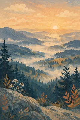 Misty Mountain Valley at Golden Dawn