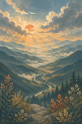Misty Mountain Valley Dawn Light Rays