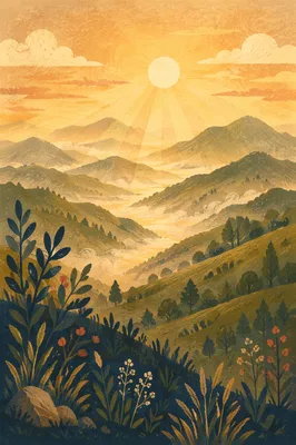 Misty Mountain Valley with Dawn Light Rays