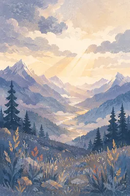 Misty Mountain Valley at Dawn Rays