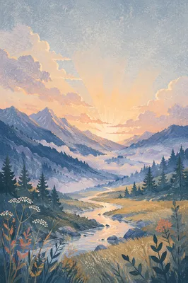 Misty Mountain Valley Dawn Light Rays