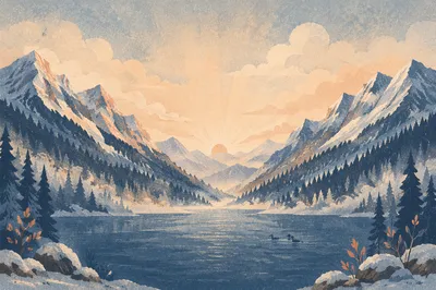 Misty Alpine Valley with Dawn Light Rays