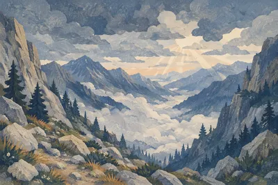 Misty Alpine Valley with Dawn Light Rays