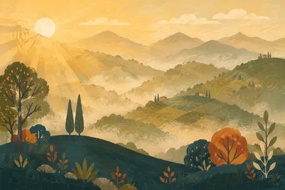 Misty Mountain Valley with Dawn Light Rays