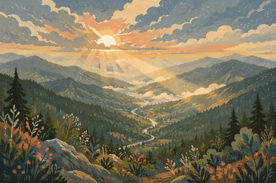 Misty Mountain Valley with Dawn Light Rays