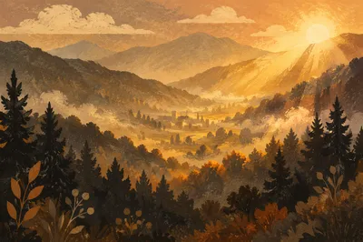 Misty Mountain Valley Dawn Light Rays