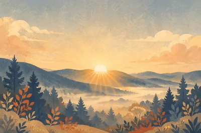 Misty Mountain Valley Dawn Light Background