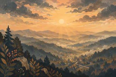 Misty Mountain Valley Dawn Light Rays