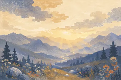 Misty Mountain Valley at Dawn Rays