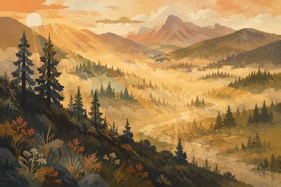 Misty Mountain Valley at Golden Dawn