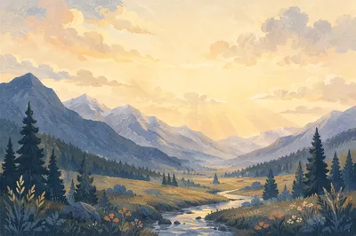 Misty Mountain Valley Dawn Light Rays