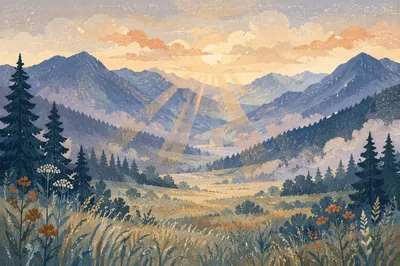 Misty Mountain Valley Dawn Light Rays
