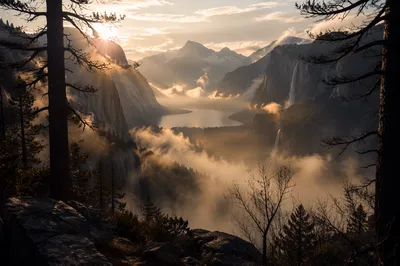 Misty Mountain Valley at Golden Dawn
