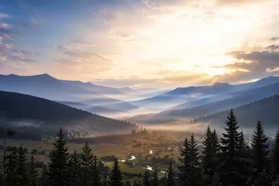 Misty Mountain Valley Dawn Light Rays