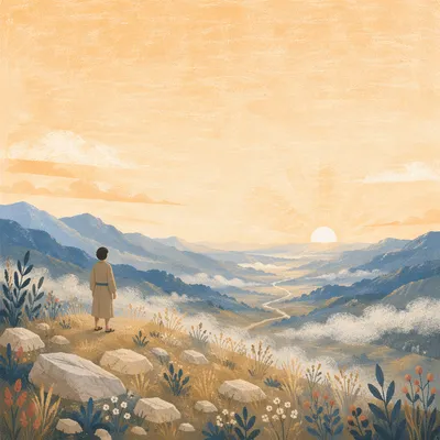Silhouetted Figure Over Mountain Valley at Dawn