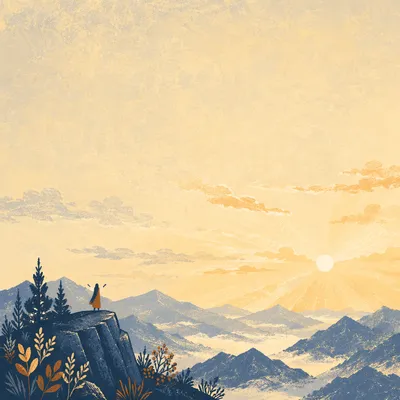 Panoramic Mountain Sunrise with Distant Figure