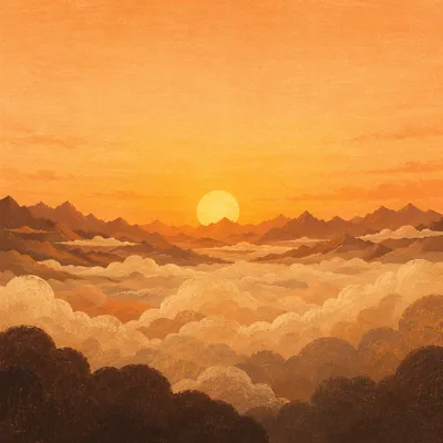 Sunrise Above Mountain Horizon and Clouds