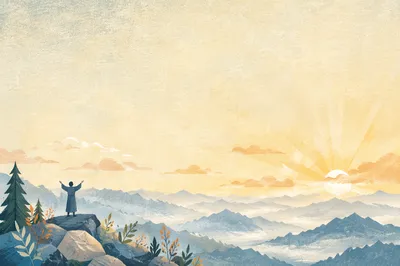 Panoramic Mountain Sunrise with Distant Figure