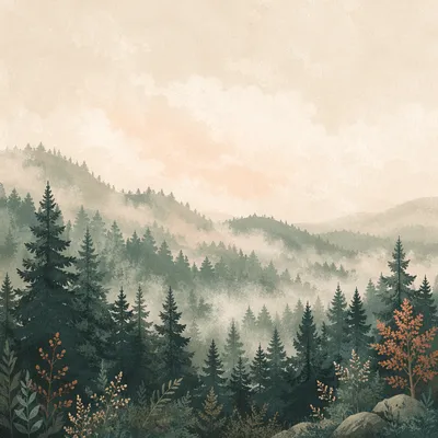 Misty Evergreen Forest Hills Background
