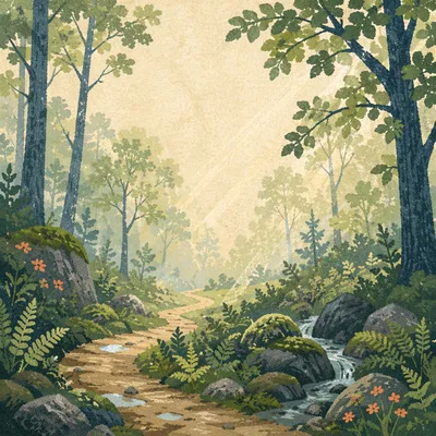 Misty Green Forest Path Background