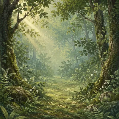 Misty Green Forest Morning Background