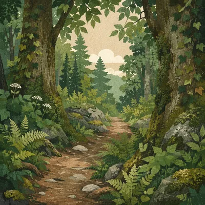 Peaceful Green Forest Path Background