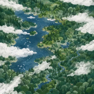 Aerial Green Forest and Winding Lakes