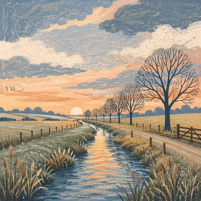 Quiet Green Countryside Stream at Dawn