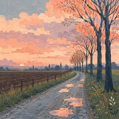 Rainy Country Road at Pastel Sunset
