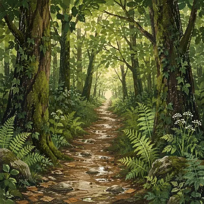 Peaceful Green Forest Path After Rain