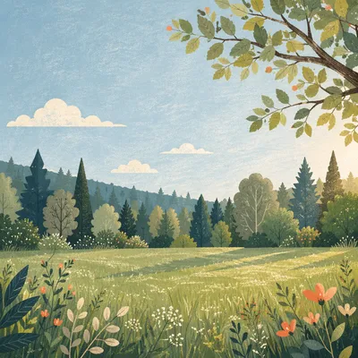 Peaceful Green Meadow and Forest Morning