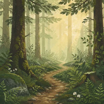 Misty Green Forest Path at Sunrise