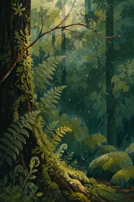 Quiet Green Forest with Ferns