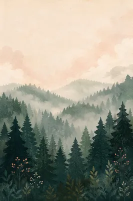 Misty Evergreen Forest Hills Background