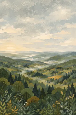 Misty Green Forest Hills Background