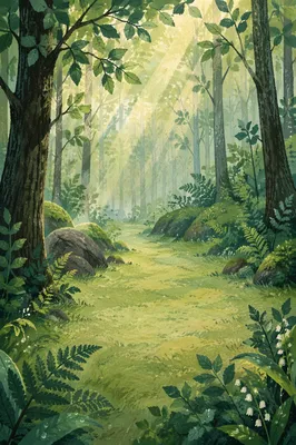Misty Green Forest Clearing Background